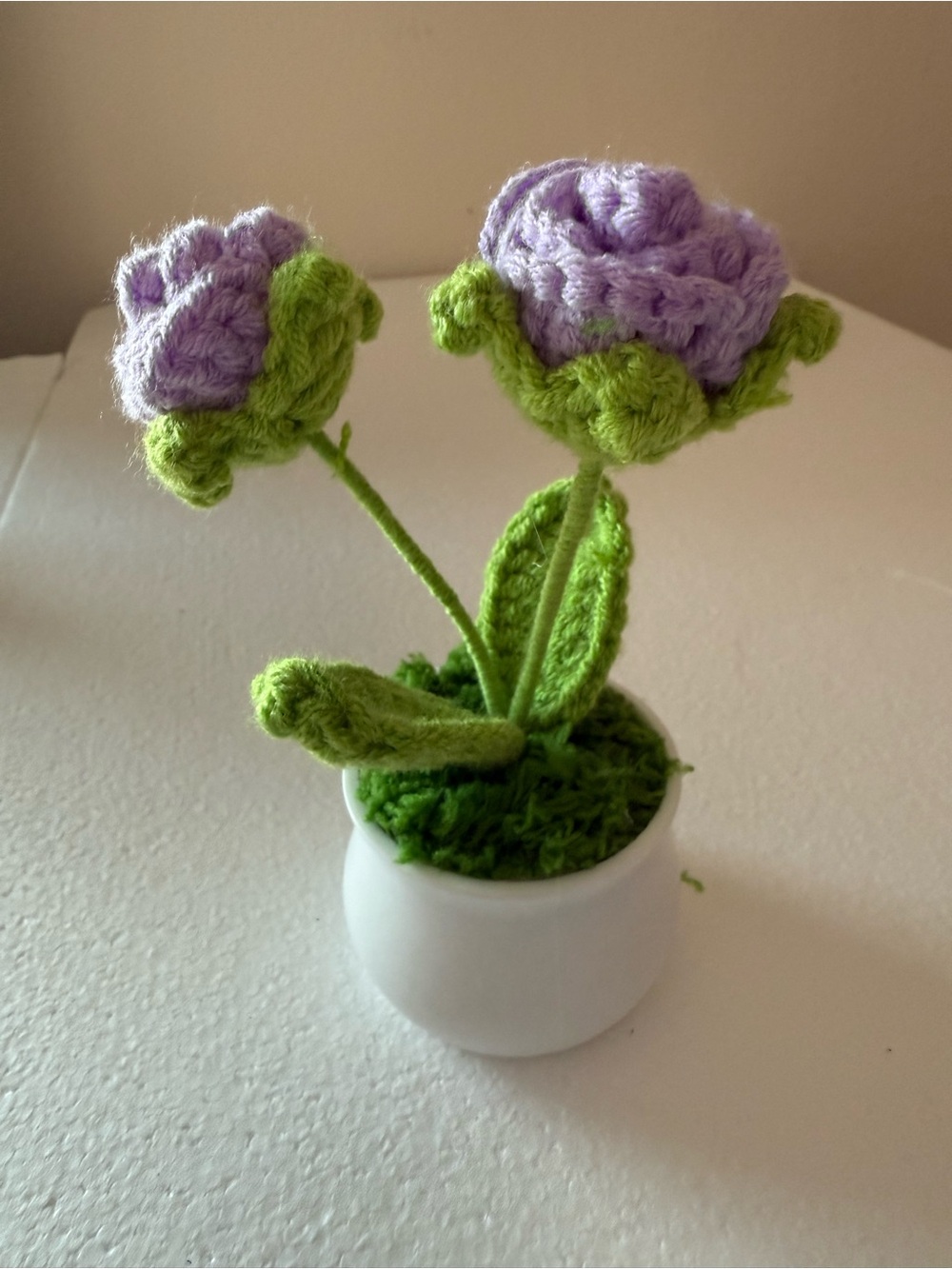 Handmade Crochet Purple Flower Pot - Soft Green Leaves